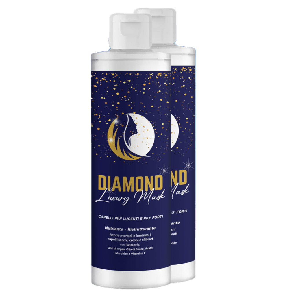 DIAMOND LUXURY MASK Una maschera per capelli secchi, crespi o sfibrati, composta da Pantenolo, Olio di Argan, Olio di Cocco, Acido Ialuronico e Vitamina E. Questi ingredienti, combinati insieme, nutrono intensamente i capelli e ne ristrutturano le fibre rendendoli morbidi e luminosi. Il prodotto rende i capelli perfettamente lucenti oltre che facilmente modellabili e favorisce la giusta idratazione dei capelli contrastando l’indebolimento dello stelo.