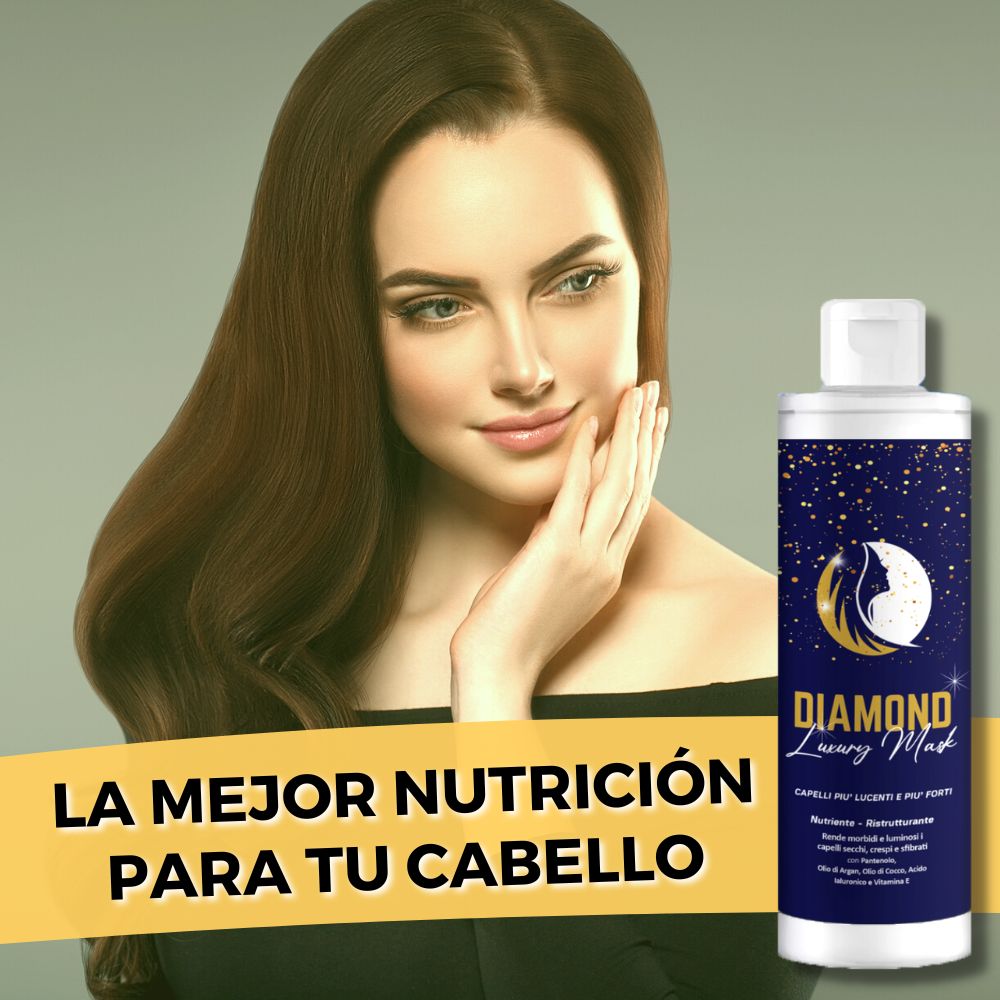 DIAMOND LUXURY MASK Mascarilla para cabellos secos, encrespados o sin vida, compuesta por Pantenol, Aceite de Argán, Aceite de Coco, Ácido Hialurónico y Vitamina E. Estos ingredientes, combinados entre sí, nutren intensamente el cabello y reestructuran sus fibras dejándolo suave y brillante. El producto hace que el cabello sea perfectamente brillante y fácilmente moldeable y promueve la correcta hidratación del cabello al contrarrestar el debilitamiento del tallo.